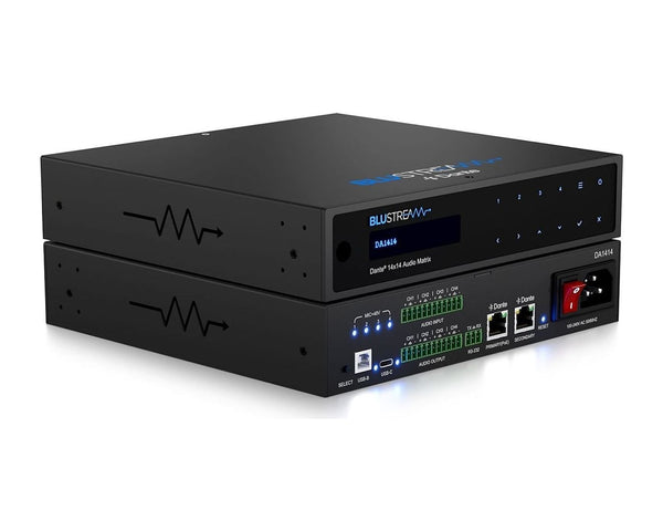 Matriz de Audio 14x14 Blustream DA1414 con Dante, Analógico, USB, Ecualizador y PoE+ (Rack 1U)