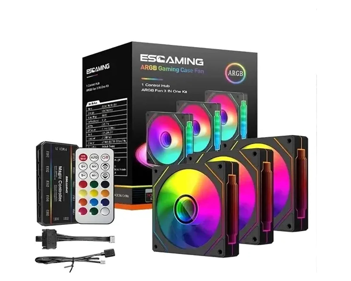 Kit 3 Ventiladores ESGAMING EZ-08 ARGB 120mm con Hub y Control Remoto - foto 1