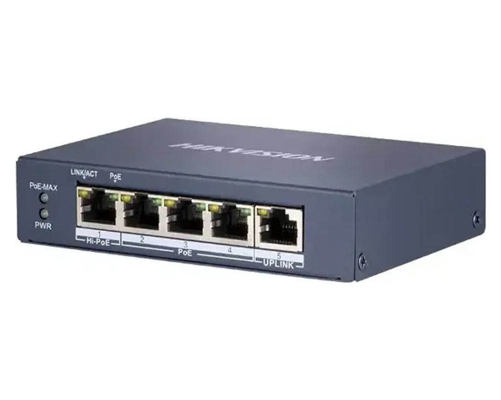 Switch PoE Hikvision DS-3E0505HP-E 5 Puertos Gigabit con Hi-PoE 60W, Metálico - foto 2