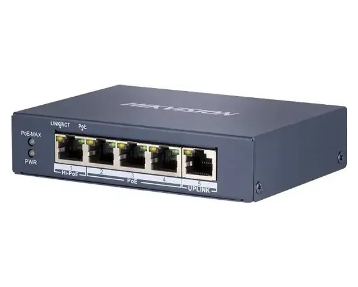 Switch PoE Hikvision DS-3E0505HP-E 5 Puertos Gigabit con Hi-PoE 60W, Metálico - foto 2